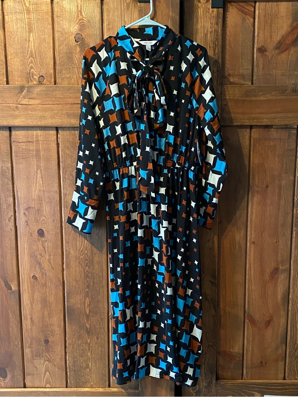 Nine West Geometric Tie-Neck Long Sleeve Dress in Black, Blue & Brown